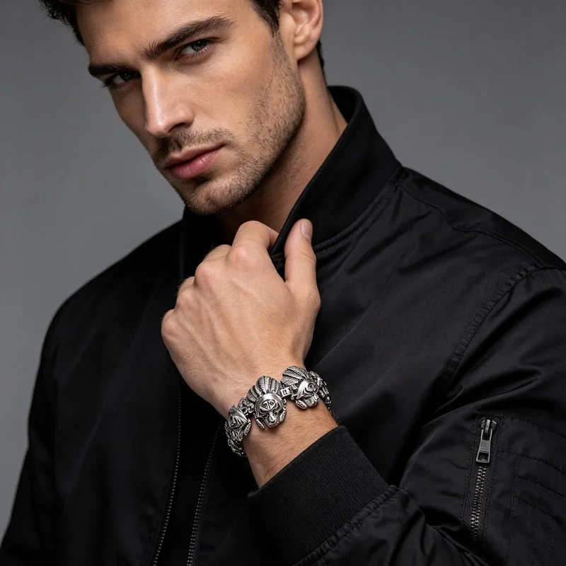 Kalen Vintage Tribal Chief Skull Bracelet for Men Punk Stainless Steel Feather Link Biker Party Jewelry Male Accessories Gifts