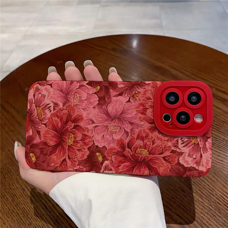 Ottwn Luxury Red Flowers Pattern Phone Case For iPhone 13 12 11 Pro Max XR XS 15 14 Plus Lens Protection Soft Bumper Back Covers