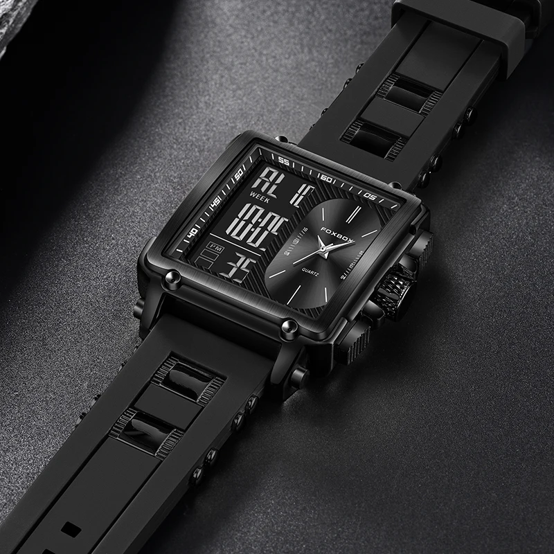 FOXBOX Square Casual Electronic Man Watch Fashion Sports Silicone Waterproof Luminous Clocks Week Quartz Digital Watches for Men