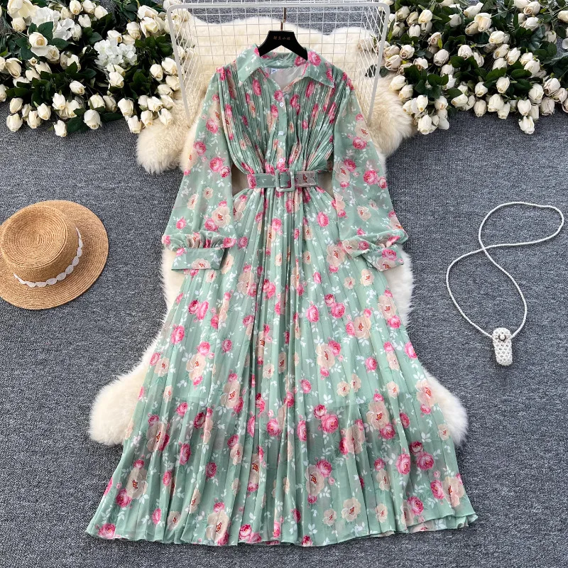 Neploe 2024 Autumn New Slim Waist Dress for Women Elegant Vintage Lapel Neck Print Dresses Y2k Lantern Sleeve Vestidos Mujer