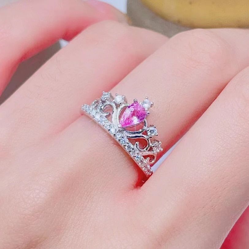 Vintage Silver Gemstone Crown Ring for Wedding 0.35ct 4mm*6mm Natural Pink Sapphire Ring Birthday Gift for Girlfriend