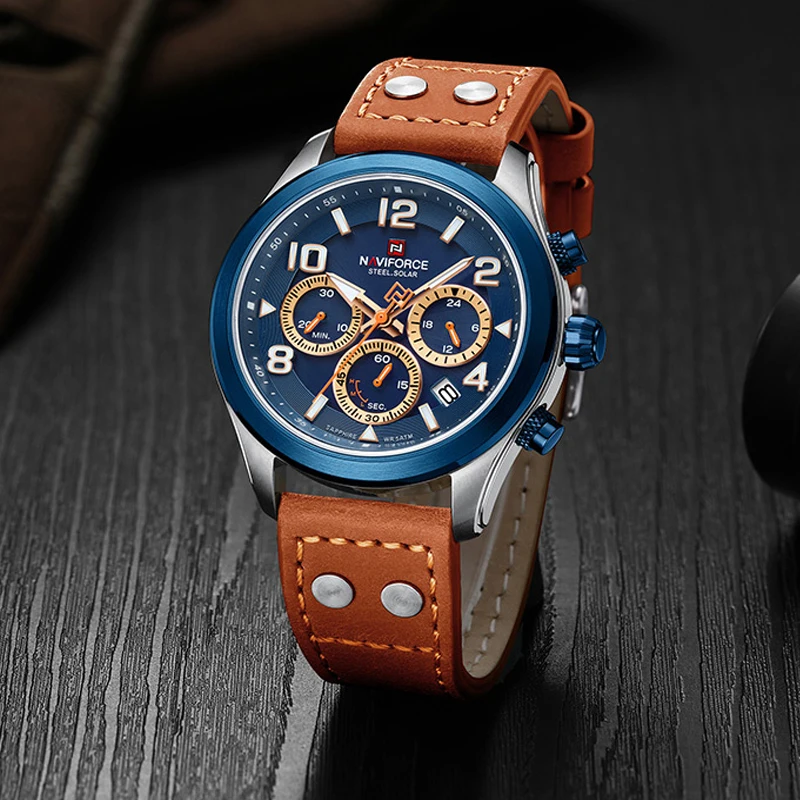 NAVIFORCE orologio meccanico automatico da uomo stile retrò 5ATM lancette luminose impermeabili cinturino in pelle LED orologio da polso casual da lavoro
