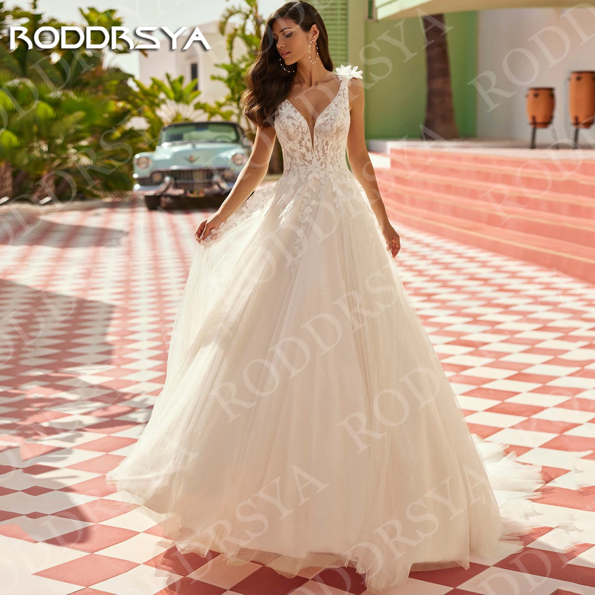 

RODDRSYA Wedding Dress V Neck A Line Boho Woman Romantic Sparkly Tulle Lace Appliques Bridal Dresses Backless Customized 2026