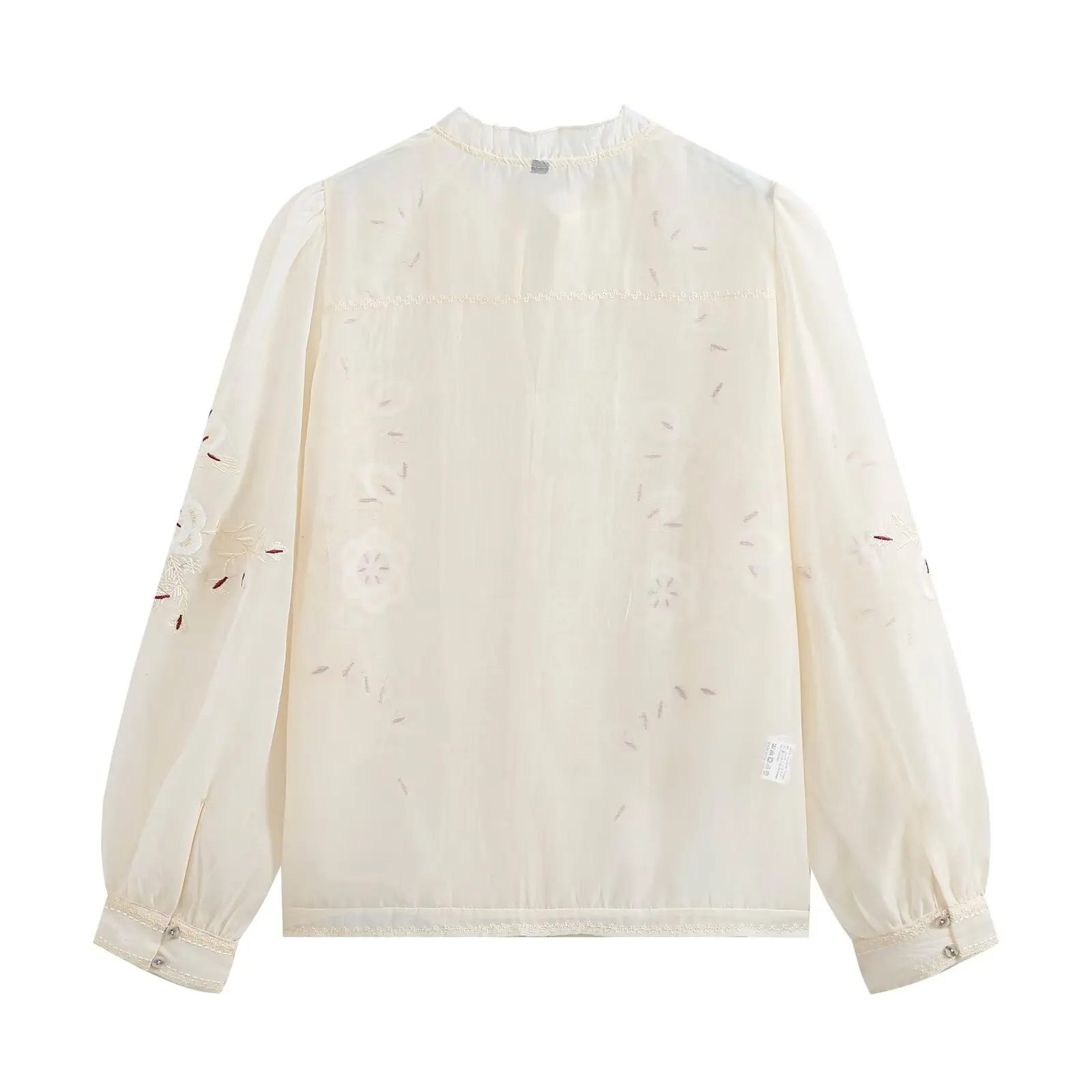 BSAY 2026 French Vintage Women Floral Embroidery Blouse Frill Stand Collar Single Breasted Lantern Long Sleeve Boho Casual Shirt 2