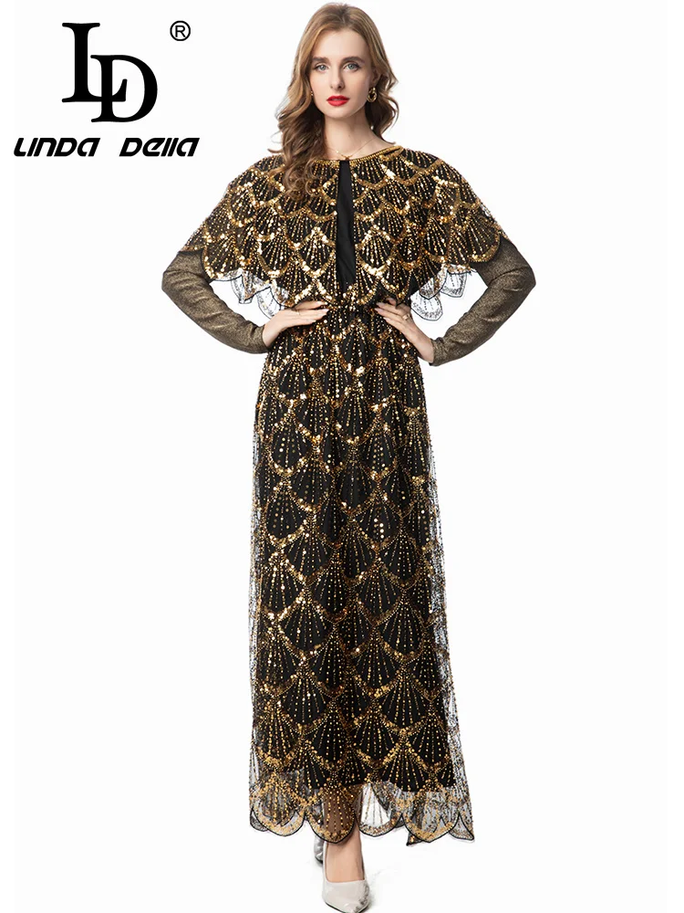 LD LINDA DELL مسمار حبة الترتر بأكمام طويلة الرجعية مأدبة عشاء فستان أسود المرأة الخريف والشتاء فستان عصري #2