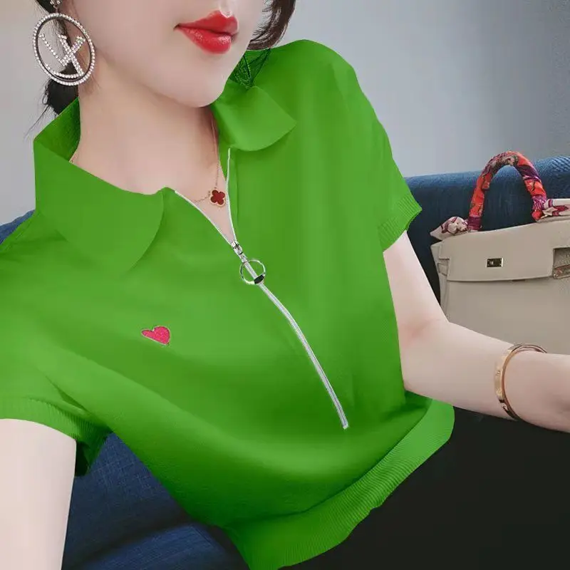 

Свободная рубашка с коротким рукавом, пуловеры для поездок на работу, повседневные модные женские блузки, лето 202, с лацканами и вышивкой, на молнии, большие размеры