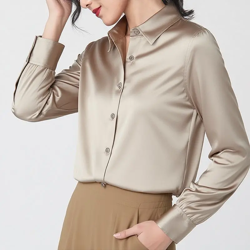 Woman Silk Shirt Long-sleeved Satin Women Blouse 19mm Mulberry Silk Blouse Loose Versatile Base Shirt 95% Natural Silk+5%Spandex