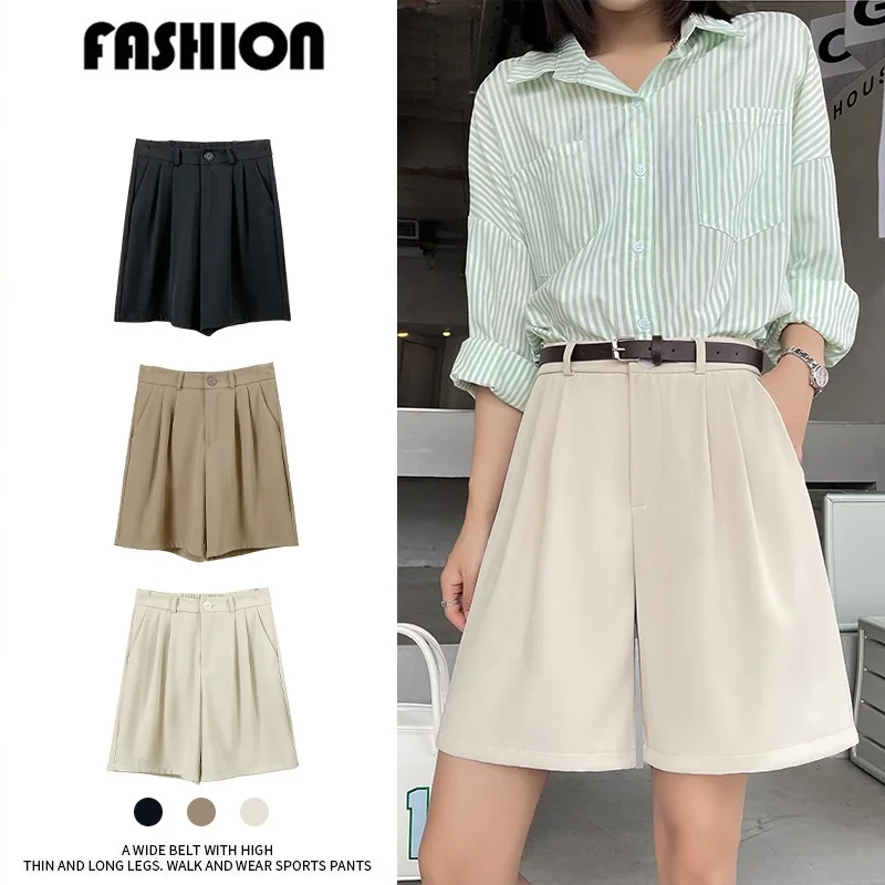 Y2k High Street Suit Shorts Women Wearing Summer High-Waisted Thin Loose Wide Leg Pants Thin Casual Women Five-Point Pants Trend