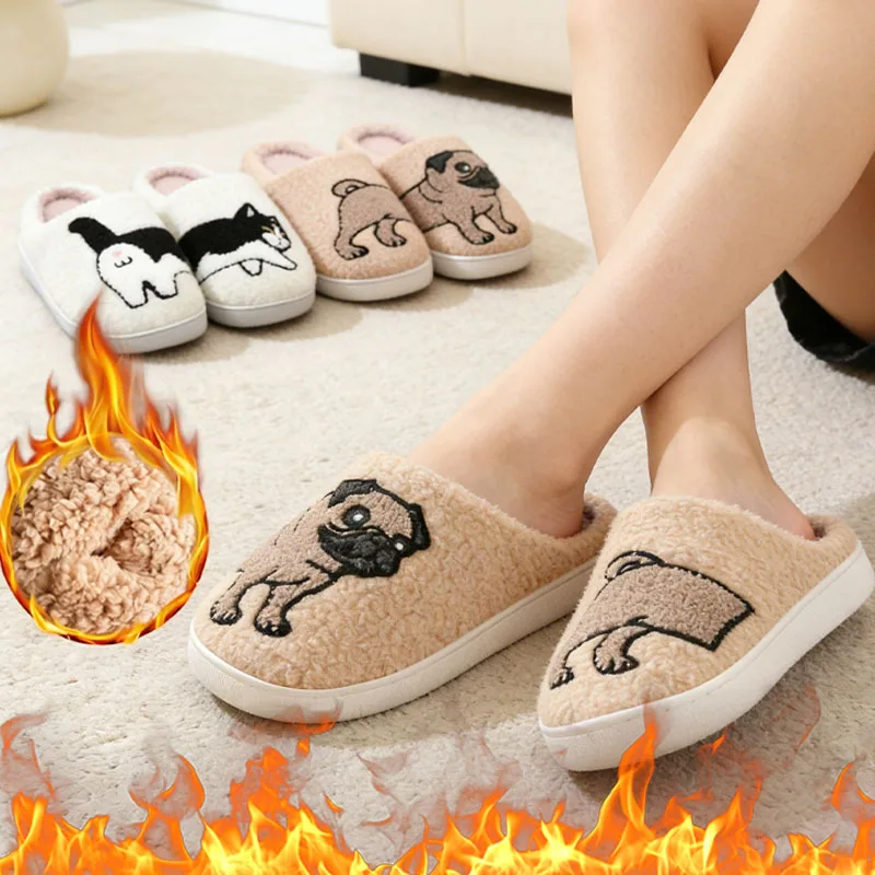 

Couple Slippers Dog Pattern Slippers Plush House Shoes Non-Slip Indoor Slippers Unisex Winter Slippers