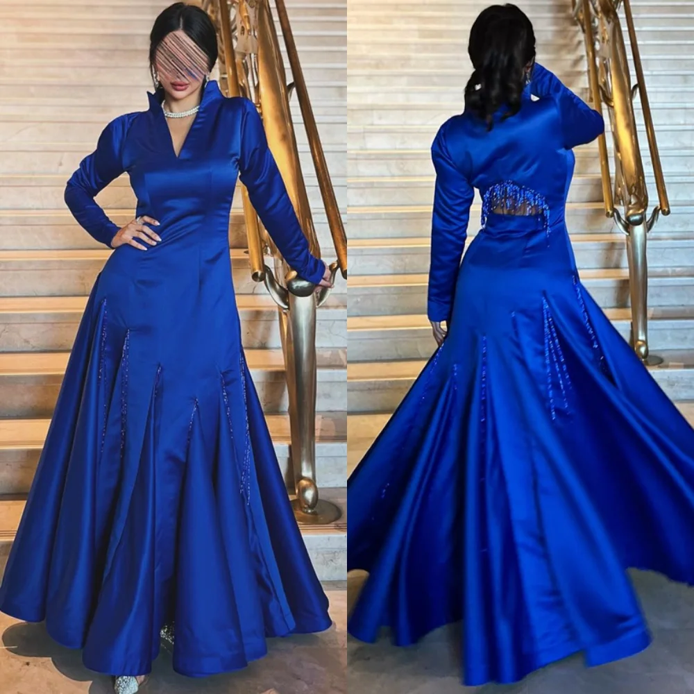 

Customized Simple Blue Satin Evening Dresses Classic V-Neck Long Sleeves Celebrity Gowns Fashion Sweep Train Party Gowns