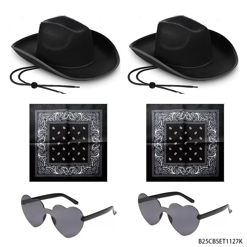 PESENAR This is a cool black cowboy party double set, including a cowboy hat, handkerchief, and heart-shaped sunglasses.