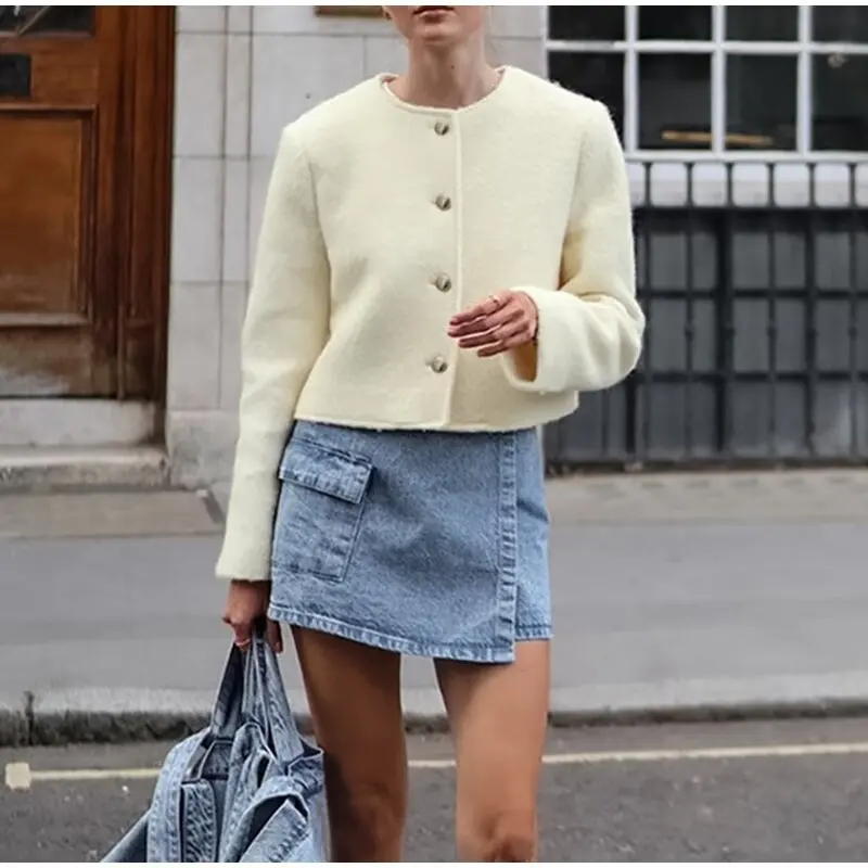 

Spring and Autumn Women's Clothing Small Fragrance Style Solid Color Woolen Elegant Round Neck Jacket Jacket Top