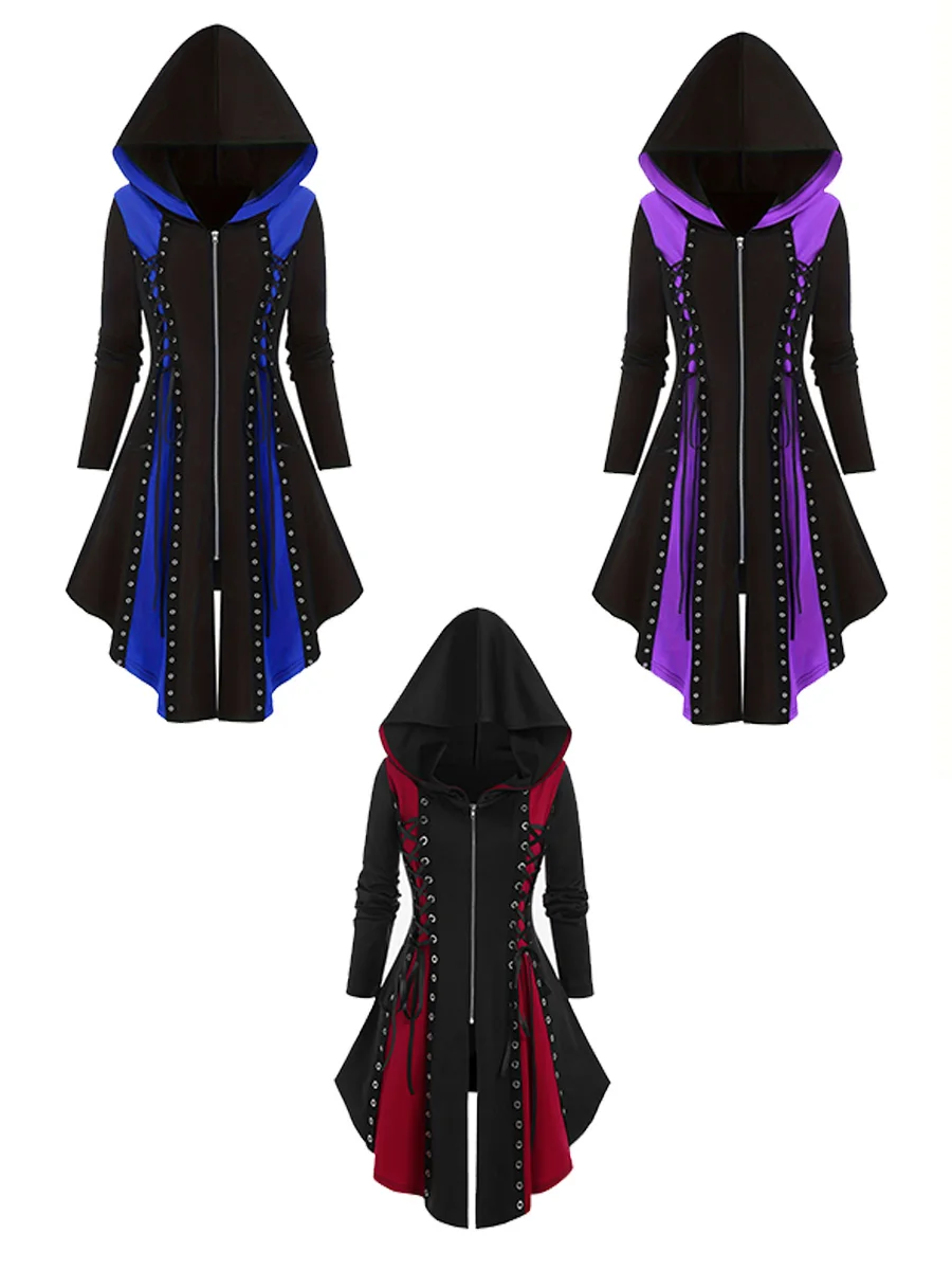 Gothic hooded color blocked jacket assassin cosplay long sleeved asymmetrical zipper men's and women's hooded sweatshirt winter