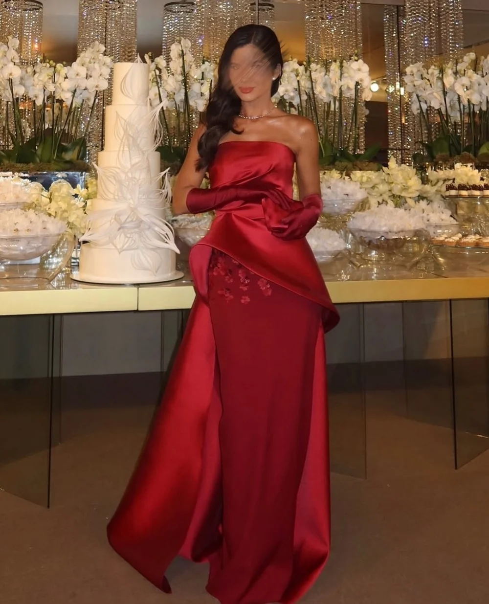 

Customized Charmeuse Applique Strapless Red Long Dresses Bespoke Occasion Engagement Woman Elegant Party Wedding High Quality