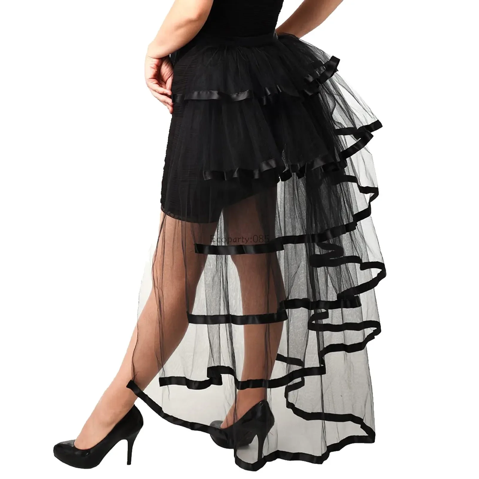 Women Mesh Tulle Skirt Gothic Steampunk Victorian Party Rockabilly Tutu Ruffle Tiered Skirts Tie On Skirt for Female Half Skirt