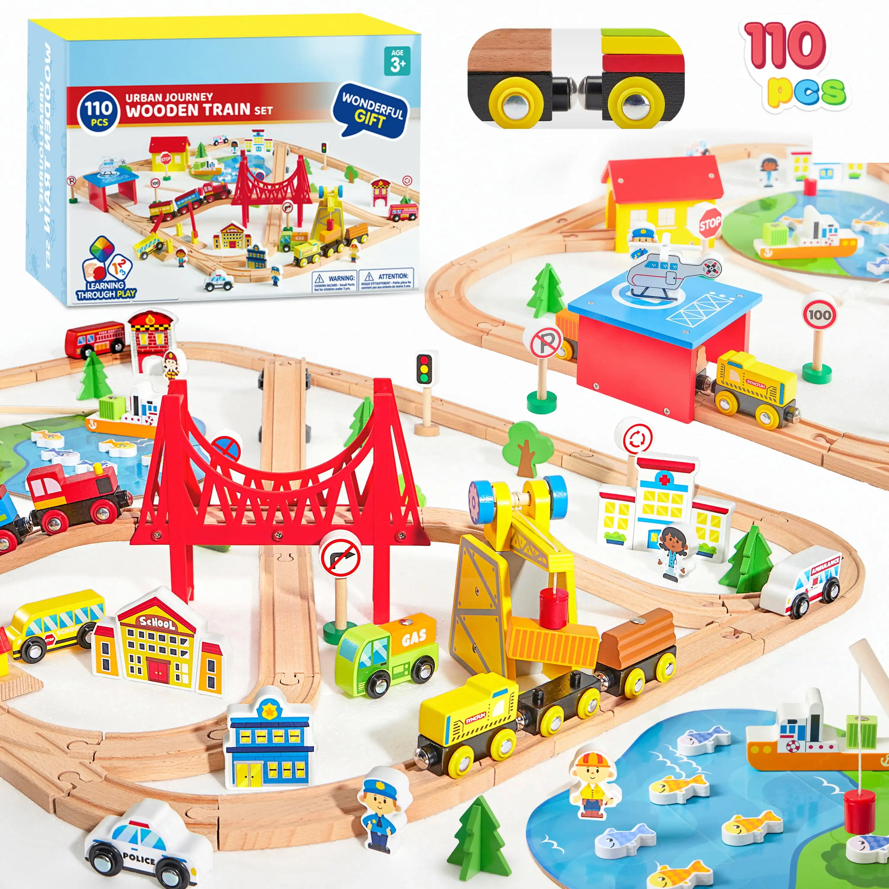 Joyfy Set di treni in legno da 110 pezzi con binari Set ferroviario per scene di città con treni magnetici Giocattolo per bambini Compleanno Regalo di Natale