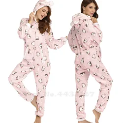 Flannel Christmas Animal Print Jumpsuit Pajamas Lounge Wear Autumn Winter Female Onesies Sleepwear Coral Fleece Hooded Home Wear