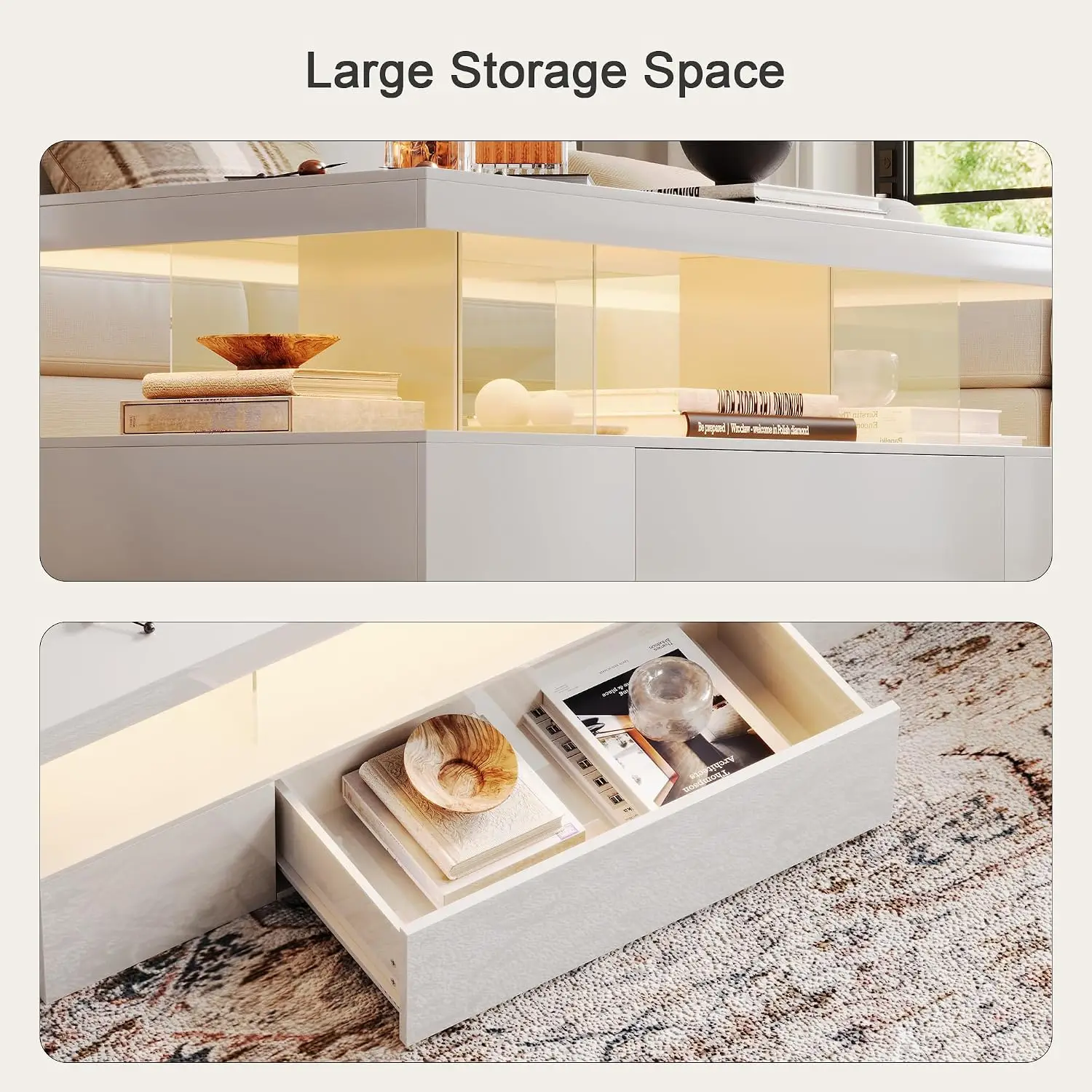 Modern LED Coffee Table High Glossy with Drawer Rectangle Storage for Living Room Bedroom White, Customized