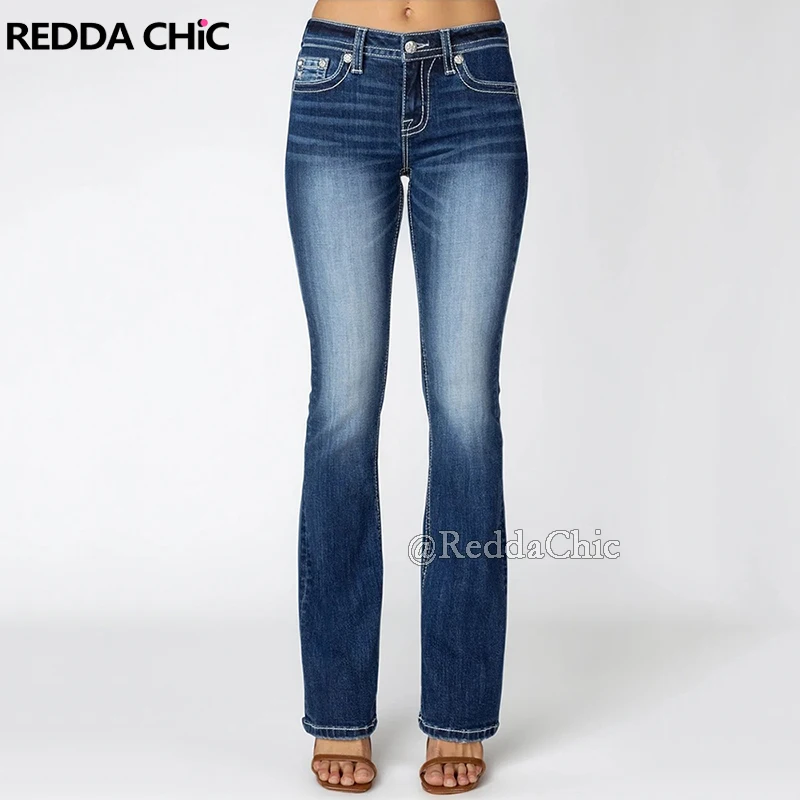 

REDDACHiC Women Low Rise Skinny Jeans Vintage Wash Stretchy Whiskers Pockets Solid Blue Bootcut Pants Grayu 2000s Streetwear