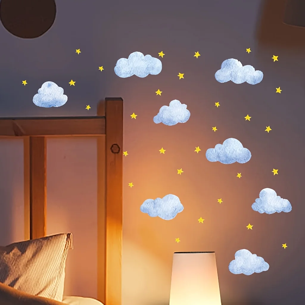 1PC Glow-in-the-dark Blue And green Cloud and Star Stickers, Perfect for Accent Walls in Living Rooms Bedrooms Studies, and More