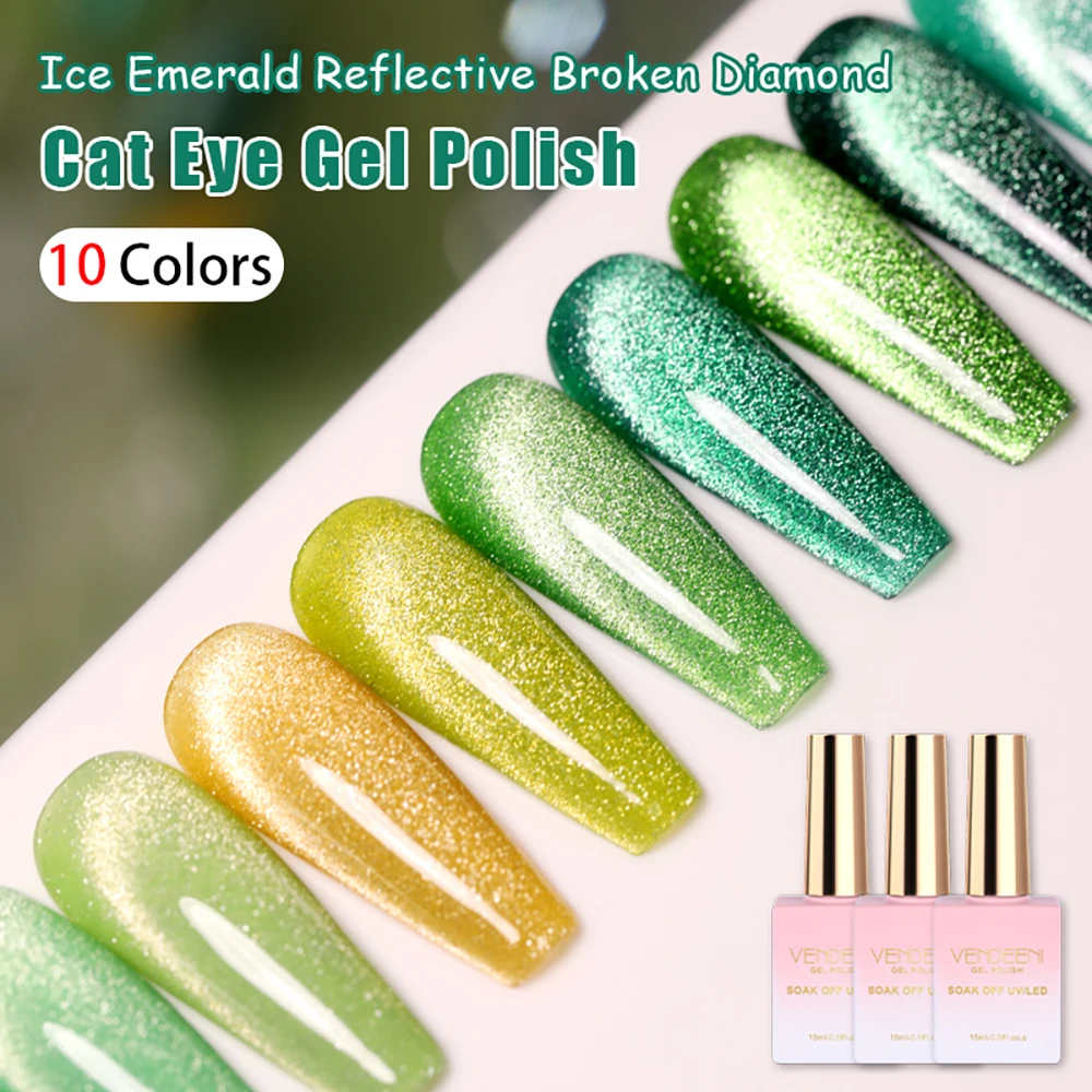 Vendeeni 10 Colors Ice Emerald Glitter Broken Diamond Cat Eye Nail Gel Polish Green Magnetic UV Soak Off Gel Varnish Gel Lacquer