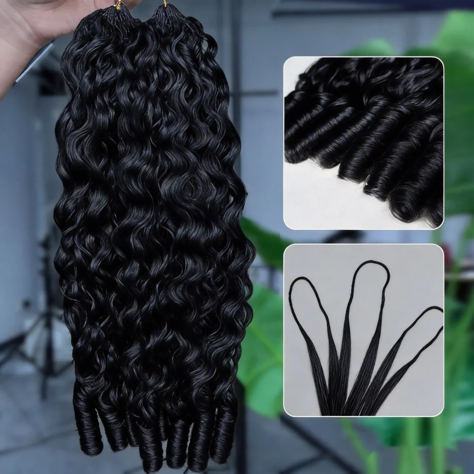 1Pcs 60g Burmese Curly Feather Crochet Human Hair Knotless Pre-Separated Bundle Bundles Reusable Crochet Human Hair Extensions With Spiral End Brazilian Human Hair For Women Natural Black