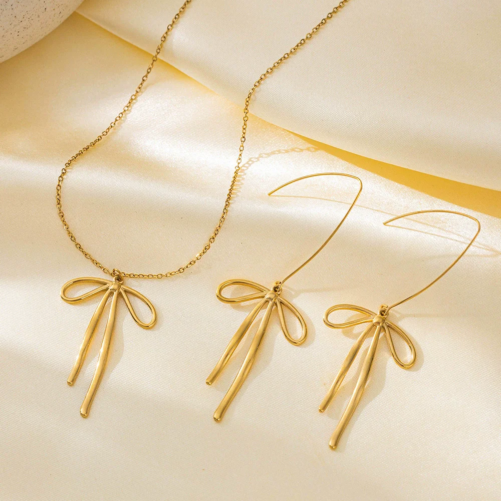 

Stainless Steel Bowknot Necklace Earrings For Women Girls fashion Simple Vintage Jewelry Set Gifts Wholesale
