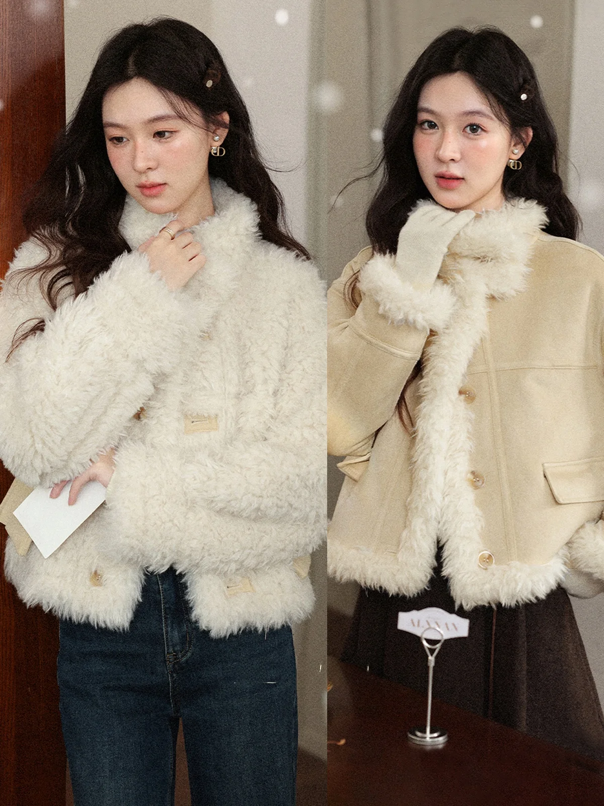 Giacca Invernale da Donna in Pelliccia d'Agnello, Cappotto in Lana e Pelle, Caldo e Casual con Chiusura a Bottoni