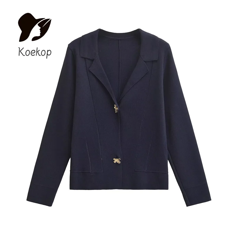 Koekop Women's Fashion Solid Color Flower Button Decoration Jacket Vintage Casual Women's Chic Lady Suit Jacket