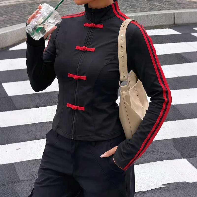 Color Patchwork Slim Fit Jacket Women Trend Stand Collar Frog Buttons Zip-up Full Sleeve Casual Streetwear Coats Outerwear Tops