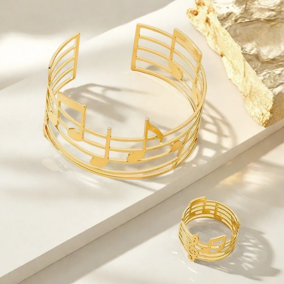 Vintage bohemian music note staff bracelet ring set opening adjustable female vacation party dress up