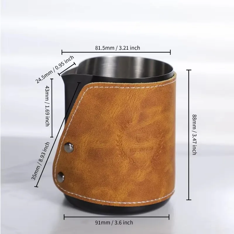 450ML Stainless Steel Pointed Coffee Latte Cup Milk Jug with Leather Cover Milk Foam Cup Coffee Latte Art Cup Barista Tool