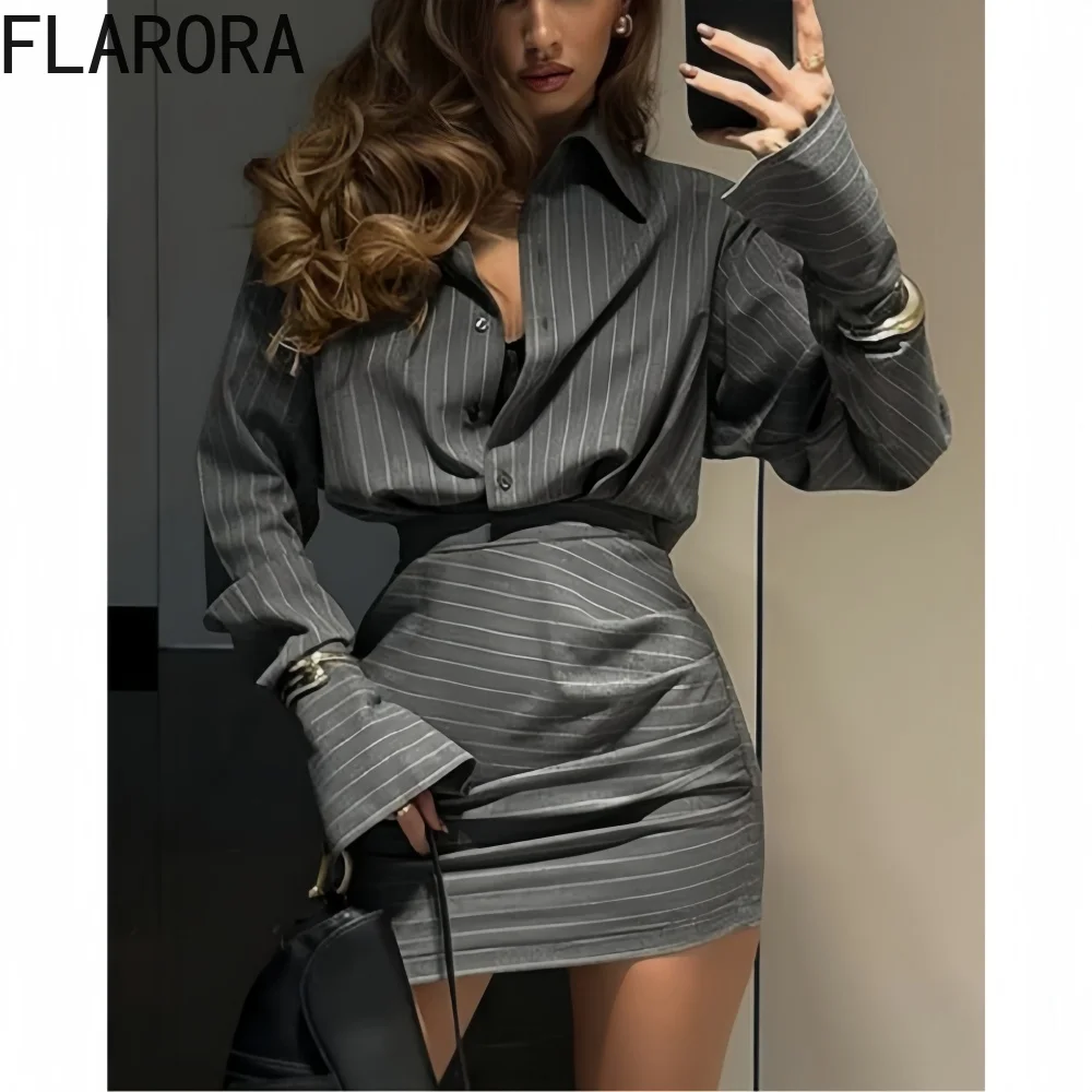 

FLARORA Элегантный комплект мини-юбки в полоску, женская однобортная тонкая блузка с лацканами и юбки на бедрах, модная женская одежда из 2 предметов