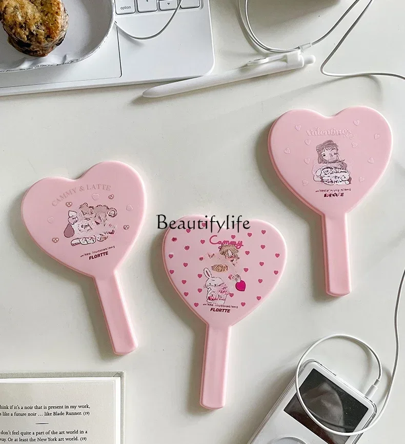 Pink Love Heart Hand-Hold Mirror Portable Girl Carry-on Cosmetic Mirror