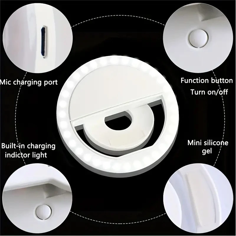 1PC selfie LED ring flash assisted universal mobile phone camera clip photography lamp USB charging multicolor optional.