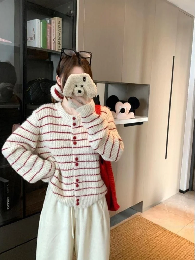 

Korean Sle Soft Mismatched Color round Ne Striped Knitwear Outerwear Loose Casual Women's Autumn Season Cardigan Coat