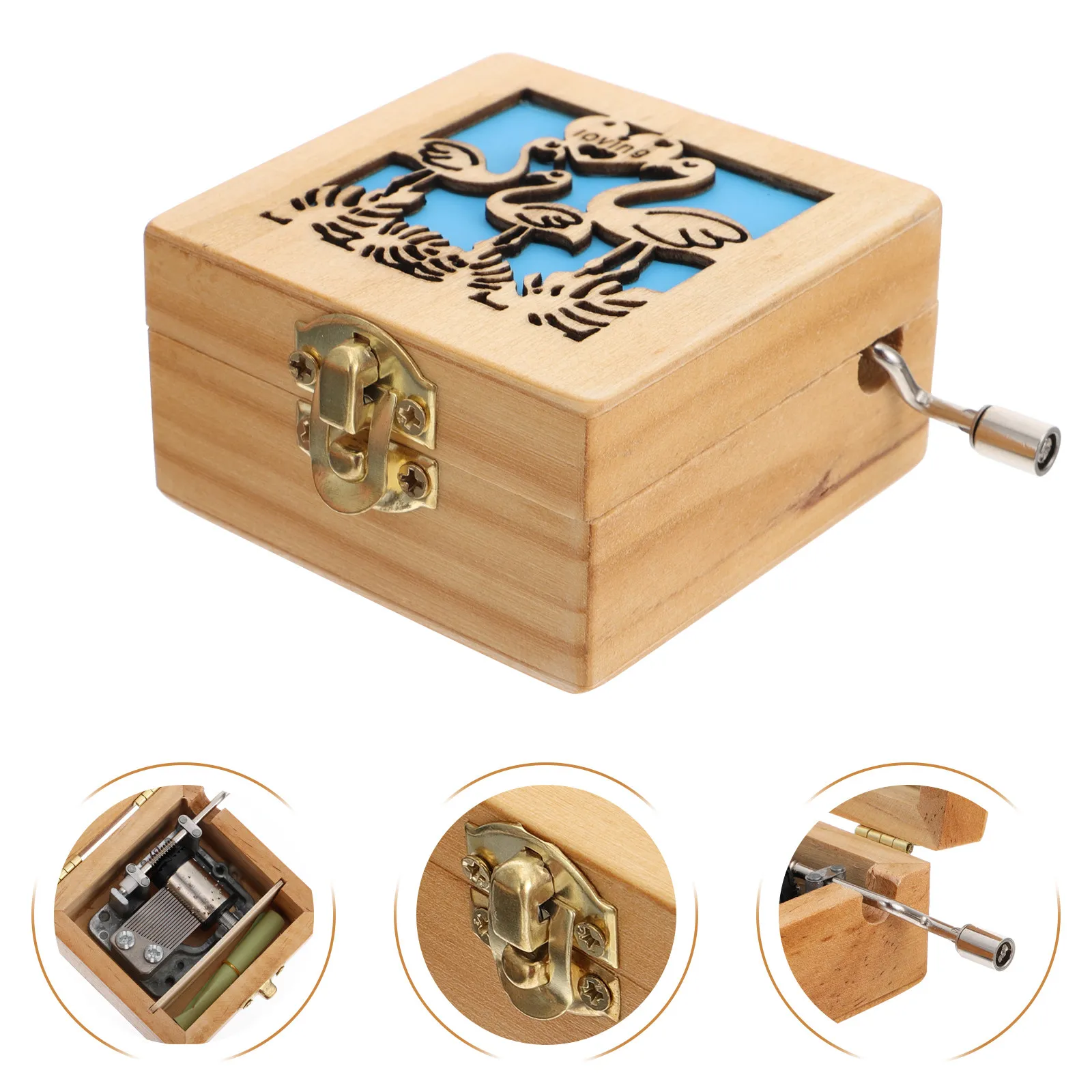 1Pcs Hand-Cranked Flamingo Music Box Wooden Desktop Decor Home Adornment Vintage Melody Box Lovely Table Decor Engraved Design