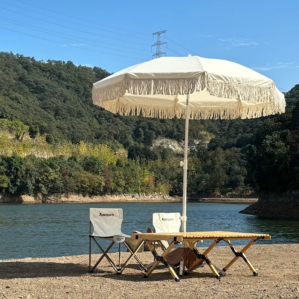 2 meters outdoor parasol can be turned to beach sun umbrella beige with fringed garden wild camping umbrella