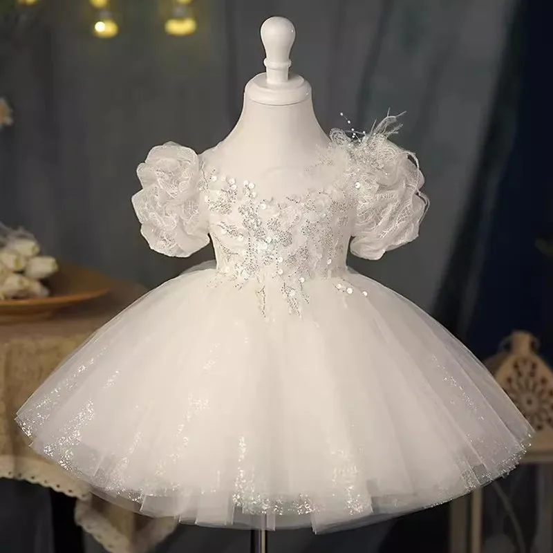 New Children's Princess Ball Gown Lace Sequins Puff Sleeve Design Wedding Birthday Baptism Girls Party Dresses A3660 Vestidos