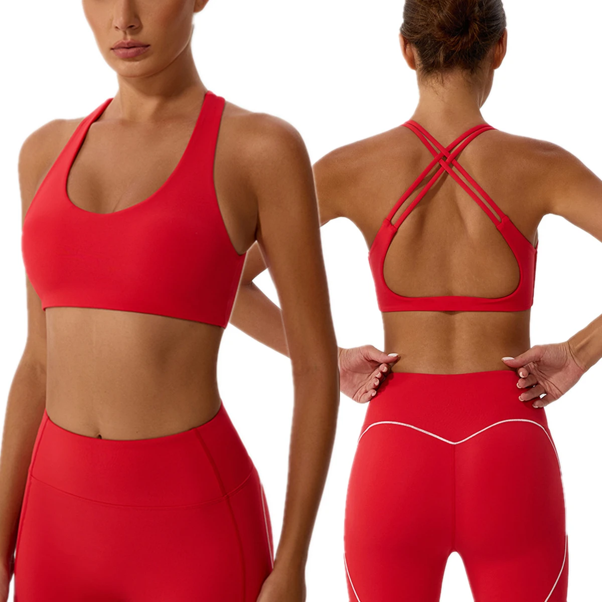 

Maxdutti High Elasticity Cross Chest Cushion Yoga Sports Bra Seamless Fitness Suit Halter Backless T-shirt Woman Clothes Female