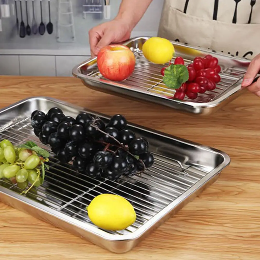 

Stainless Steel Grill Plate 304 Grade 32x22x2cm Pan Mesh Rack Baking BBQ Oil Draining Food Display Cooling Tray Kitchen
