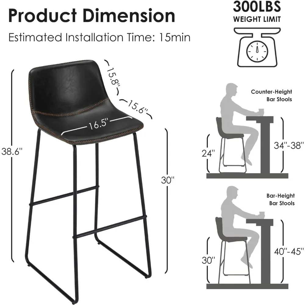 Ensemble de tabourets de bar avec dossier, piste de bar du milieu du siècle, chaise noire, meubles de café sans fret, 30 po, 2 pièces