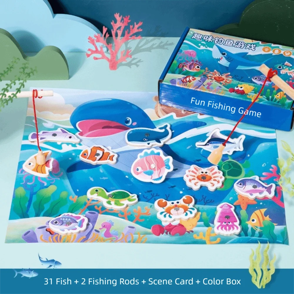 New Montessori Wooden Fishing Toys Colorful Intelligence Marine Life Cognition Toy Magnetic Fishing Game Early Education