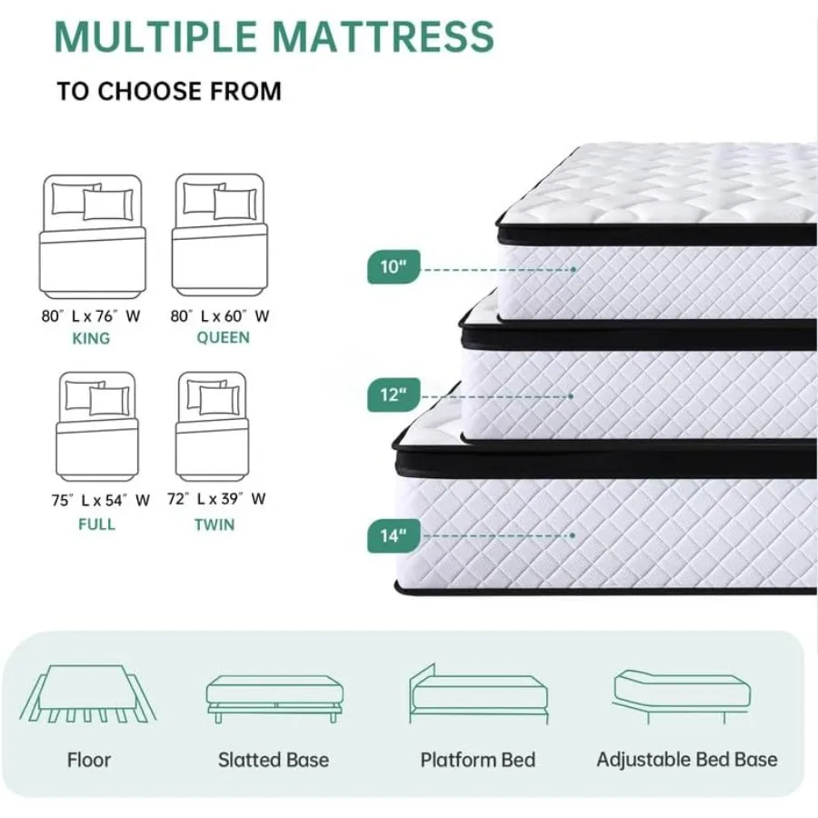 مرتبة بحجم كوين 10 بوصة مرتبة كوين من إسفنج الذاكرة الهجين في صندوق مع زنبرك جيب فردي لعزل الحركة وP