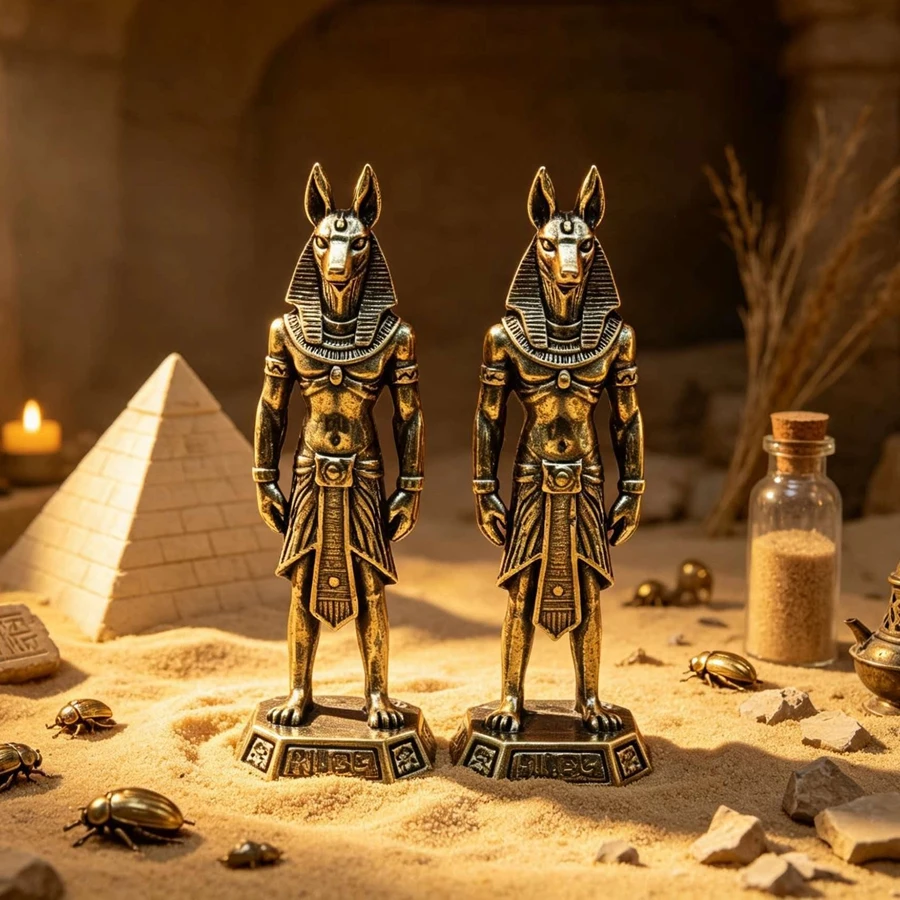 Anubis Hyena Head Brass Statue, with Engraved Runes on the Base, Finely Crafted to Capture the Mysterious Aesthetics Bookends and Decorations, Suitable for Vintage Desktops, Study Room Displays, Themed Spaces, and Collectors.