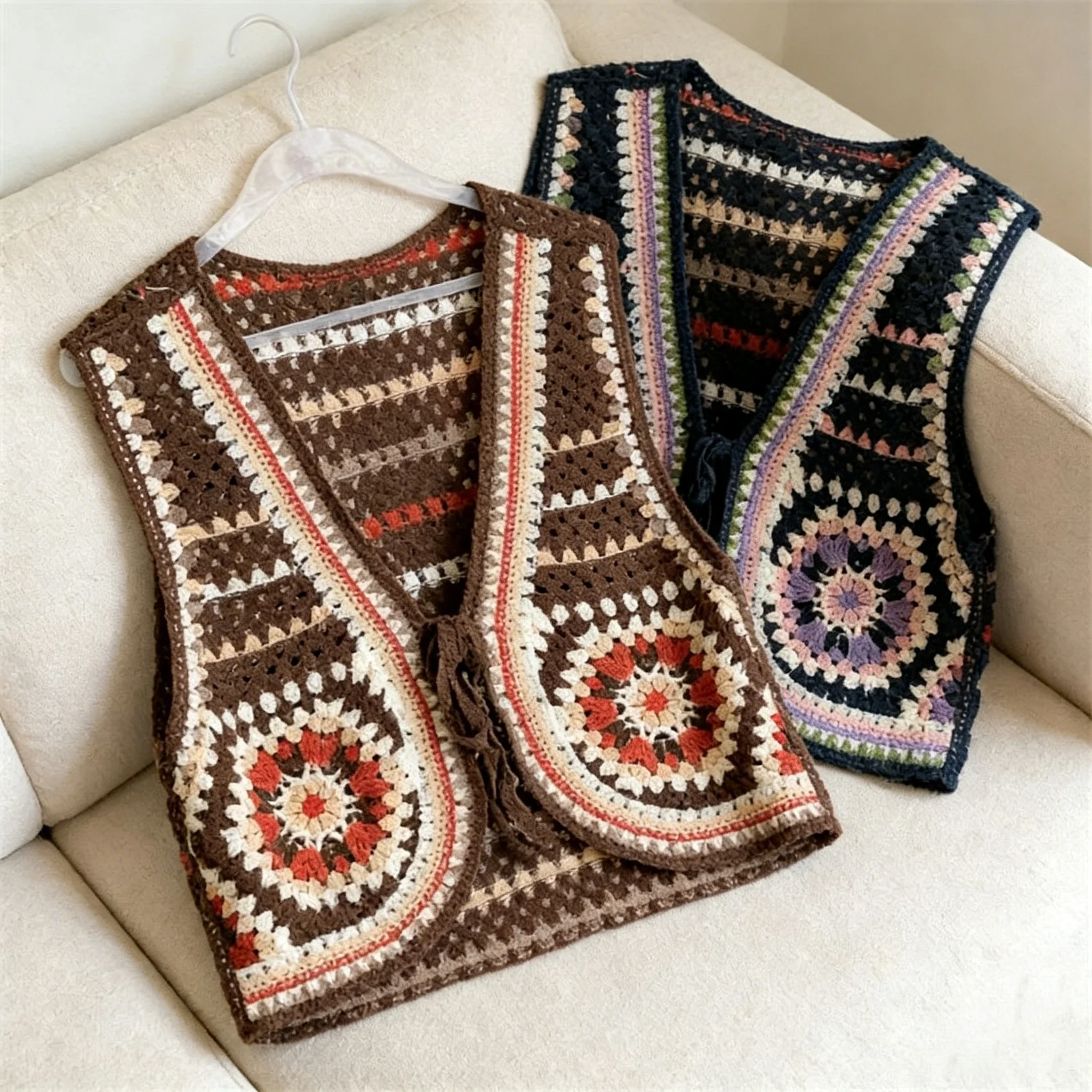 Vintage Granny Square Crochet Vest with Tie Front Tie-up Waistcoat Open Knit Sleeveless Jacket Boho Style Beach Cover Up Women