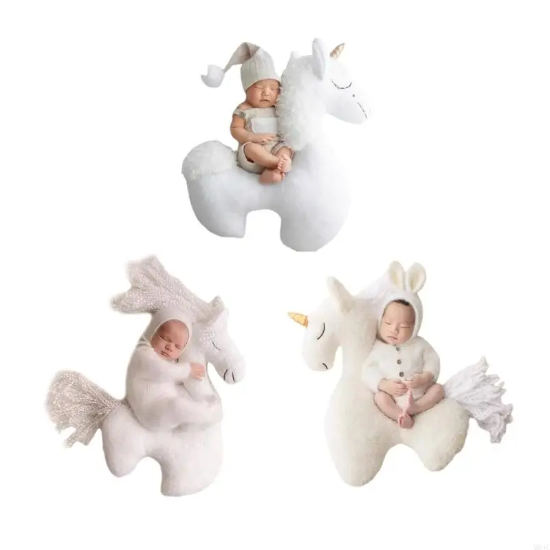 M89C Comfortable Animal Doll Posing Aid Single Horned Horse Themed Newborns Photography Props for Baby Pictures Taking