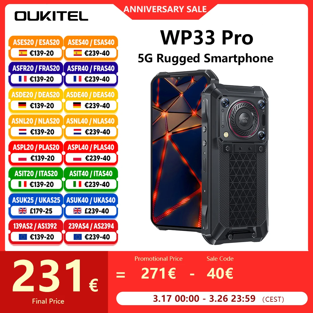 Oukitel WP33 Pro 5G Smartphone robusto Dimensity 6100+ 6.6 FHD+ Telefono cellulare 24GB 256GB