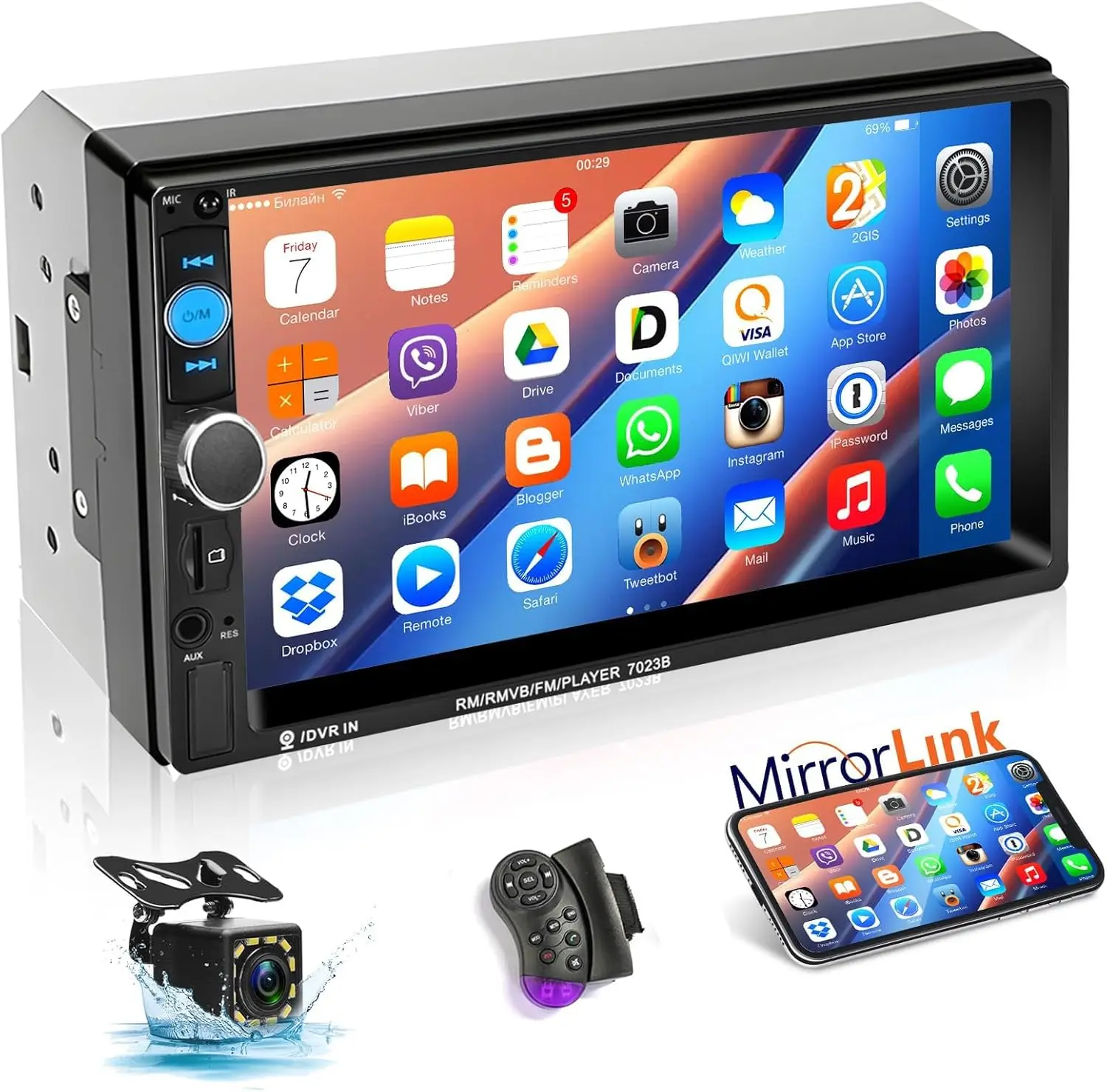 

7' Double Din Car Stereo with Bluetooth, Mirror Link, FM Radio, USB, AUX, Backup Camera, Handsfree Call