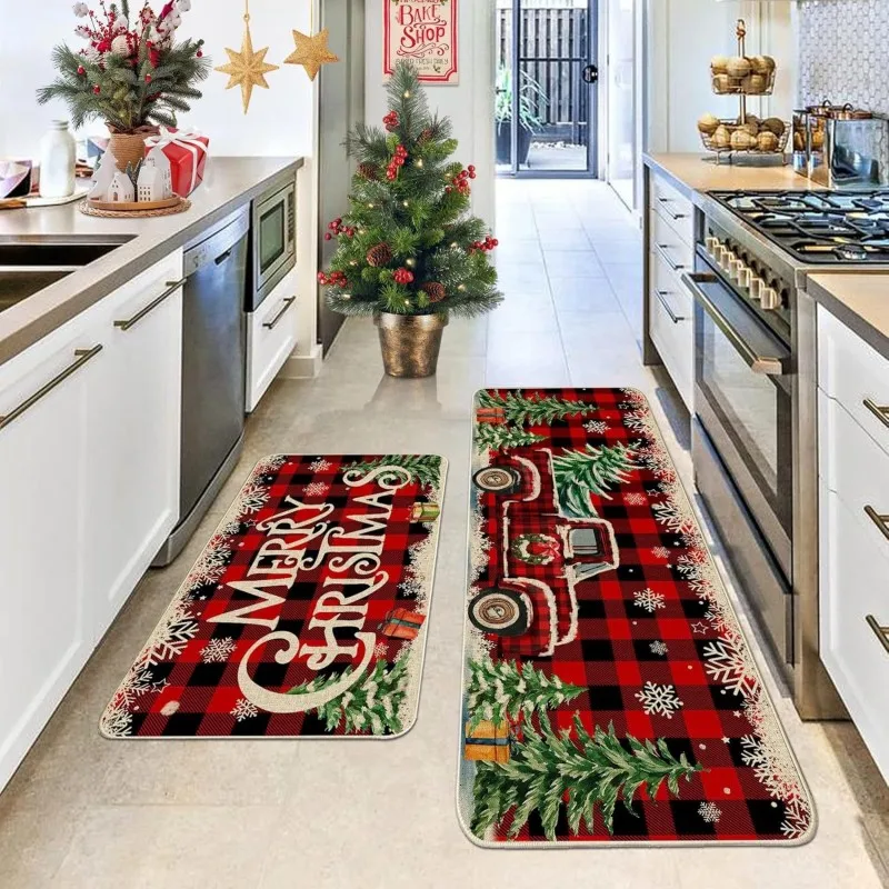 VIKAMA 1/2pcs Dark Green Plaid Gold Merry Christmas Poinsettia Kitchen Rug Dirt Resistant Non Slip Kitchen Floor Home Decor